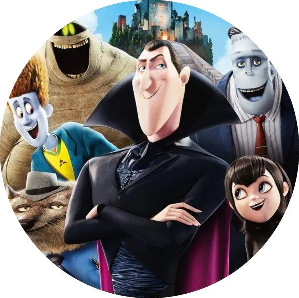 Kulatý jedlý obrázek na dort – Hotel Transylvania, Drákula v plášti a hrad (černá, fialová, modrá)