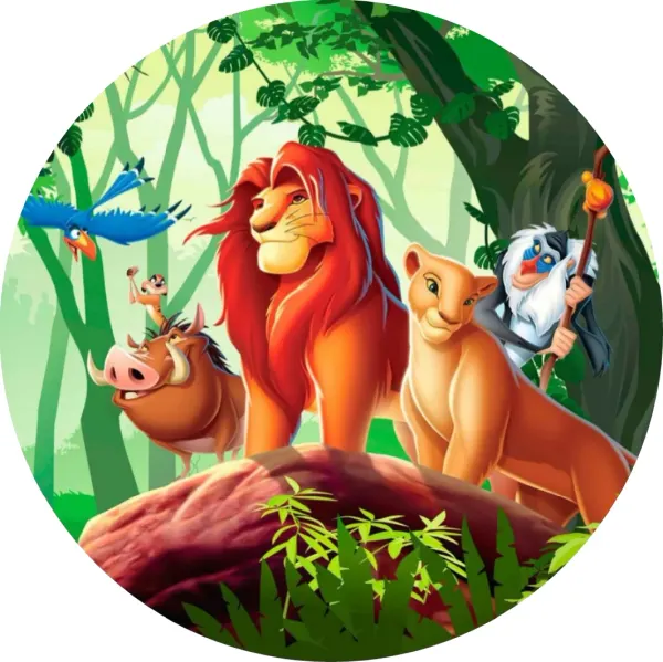 Kulatý jedlý obrázek na dort – Lví král, Simba, Nala a přátelé v džungli (zelená, hnědá, červená)