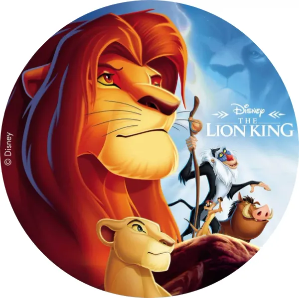 Kulatý jedlý obrázek na dort – Lví král, Simba s přáteli a Mufasa na nebi (žlutá, červená, modrá)