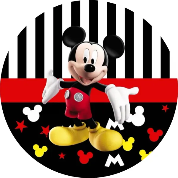 Kulatý jedlý obrázek na dort – Mickey Mouse, pruhované pozadí a siluety uší (černá, červená, bílá)
