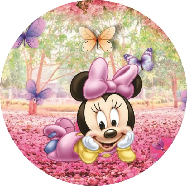 Kulatý jedlý obrázek na dort – Minnie, Motýlci (růžová, fialová, žlutá)