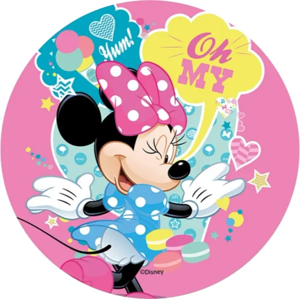 Kulatý jedlý obrázek na dort – Minnie, bublina Oh MY a zmrzlina (růžová, modrá, žlutá)