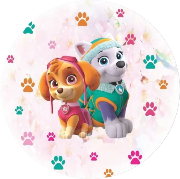 Kulatý jedlý obrázek na dort – Paw Patrol, Skye a Everest na kytičkách (růžová, tyrkysová, bílá)