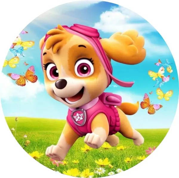 Kulatý jedlý obrázek na dort – Paw Patrol, běžící Skye na louce s motýly (růžová, modrá, zelená)