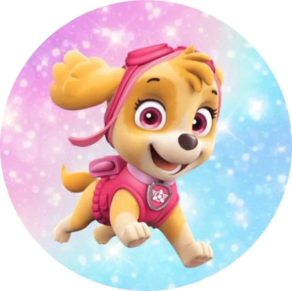 Kulatý jedlý obrázek na dort – Paw Patrol, létající Skye s třpytkami (růžová, modrá, fialová)