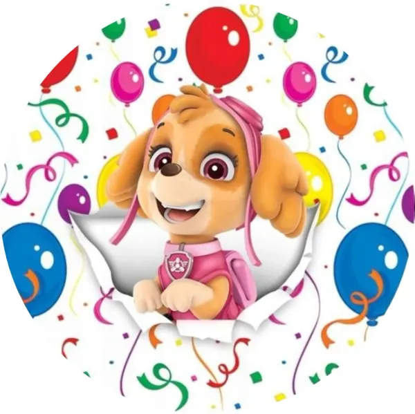 Kulatý jedlý obrázek na dort – Paw Patrol, Skye v papíru s balónky (růžová, červená, modrá)