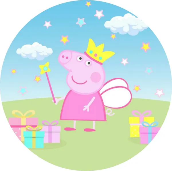 Kulatý jedlý obrázek na dort – Prasátko Peppa, víla s korunkou a dárky (růžová, modrá, zelená)
