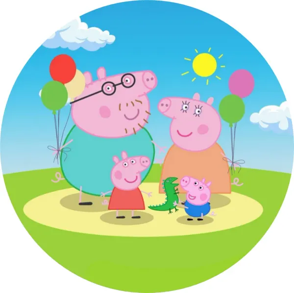 Kulatý jedlý obrázek na dort – Prasátko Peppa, rodinka s balonky (zelená, modrá, růžová)