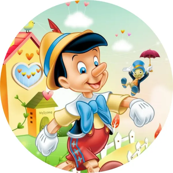 Kulatý jedlý obrázek na dort – Pinocchio, se cvrčkem u barevných domečků (žlutá, modrá, červená)