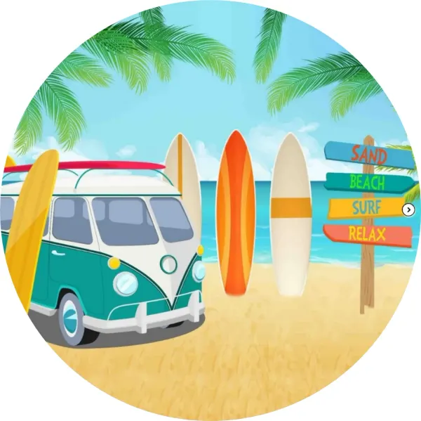 Kulatý jedlý obrázek na dort – Pláž, Surf (tyrkysová, žlutá, modrá)