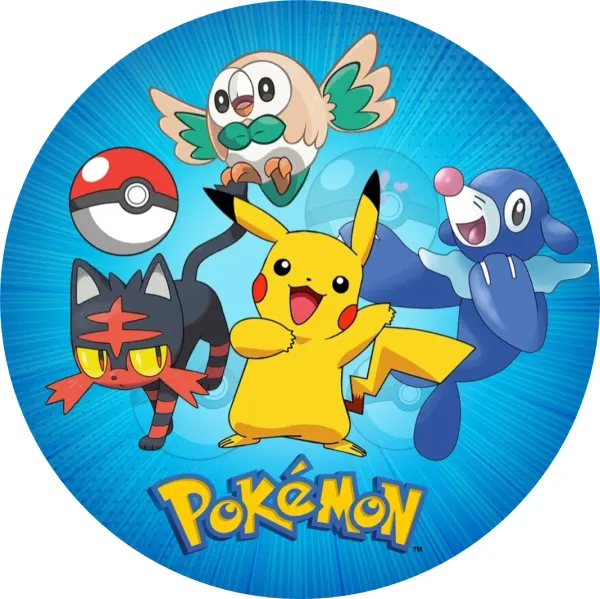 Kulatý jedlý obrázek na dort – Pokémon, Pikachu a startéři z Aloly (modrá, žlutá, červená)