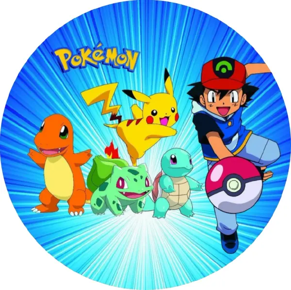 Kulatý jedlý obrázek na dort – Pokémon, Ash a startéři na modrém pozadí (modrá, žlutá, červená)