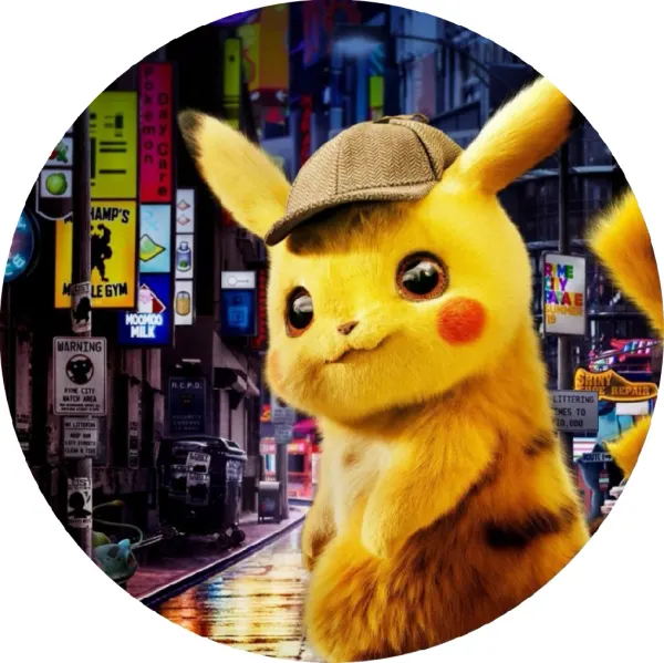 Kulatý jedlý obrázek na dort – Pokémon, Detektiv Pikachu v nočním městě (žlutá, modrá, černá)