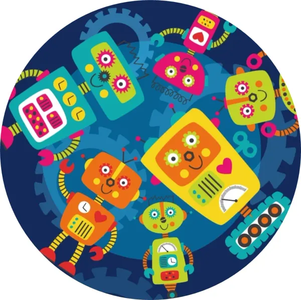 Kulatý jedlý obrázek na dort – Roboti (modrá, žlutá, tyrkysová)