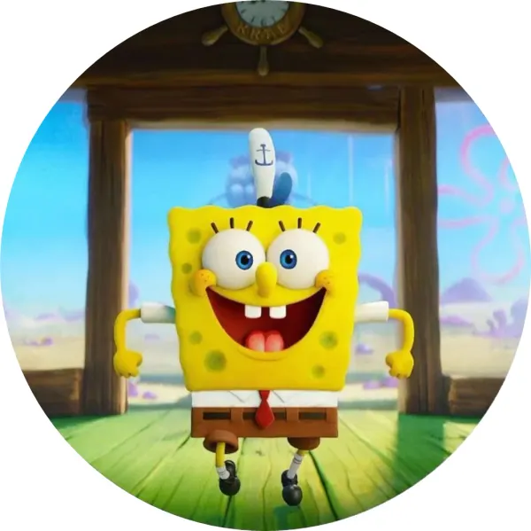 Kulatý jedlý obrázek na dort – SpongeBob, kuchař v Křupavém krabovi (žlutá, modrá, hnědá)
