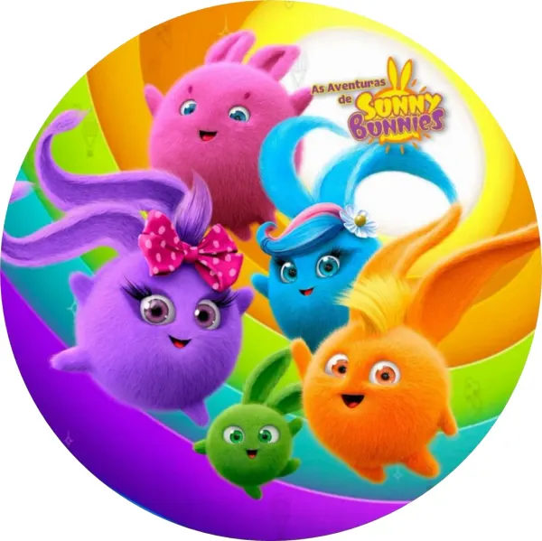 Kulatý jedlý obrázek na dort – Sunny Bunnies (duhová, fialová, žlutá)