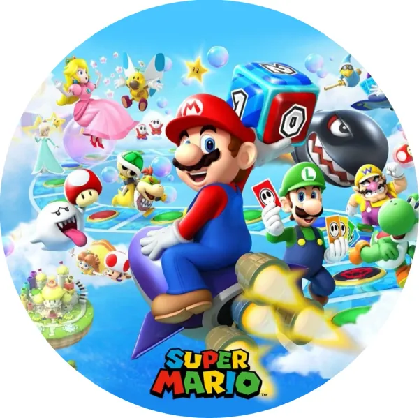 Kulatý jedlý obrázek na dort – Super Mario, Mario na raketě a herní deska (modrá, červená, zelená)