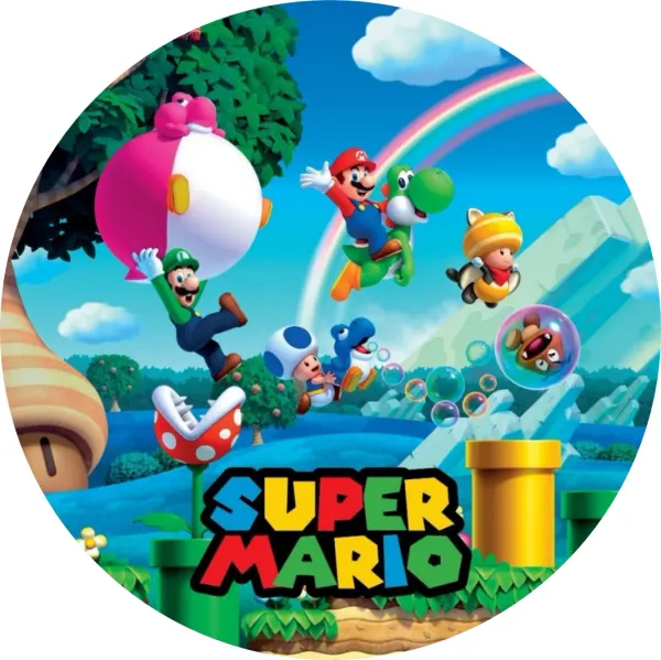 Kulatý jedlý obrázek na dort – Super Mario, let na Yoshim a duha v království (modrá, zelená, červená)