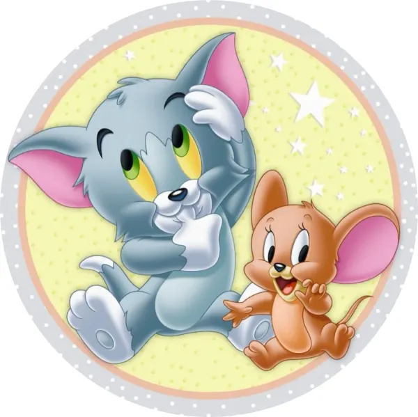 Kulatý jedlý obrázek na dort – Tom a Jerry, mláďata a žluté pozadí (šedá, žlutá, růžová)