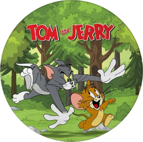 Kulatý jedlý obrázek na dort – Tom a Jerry, honička v zeleném lese (zelená, šedá, červená)