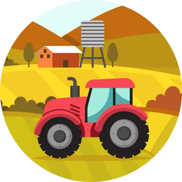 Kulatý jedlý obrázek na dort – Traktor, červený na poli u vodárenské věže (červená, žlutá, hnědá)
