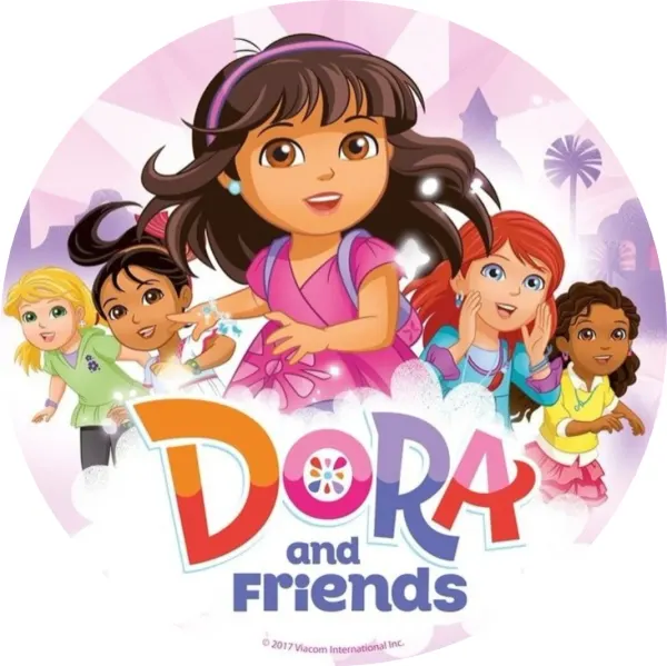 Kulatý jedlý obrázek na dort – Dora, s kamarádkami a nápisem Friends (růžová, fialová, žlutá)