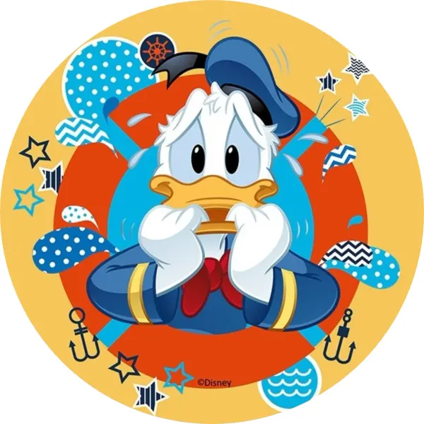 Kulatý jedlý obrázek na dort – Kačer Donald, vystrašený se záchranným kruhem (modrá, žlutá, červená)