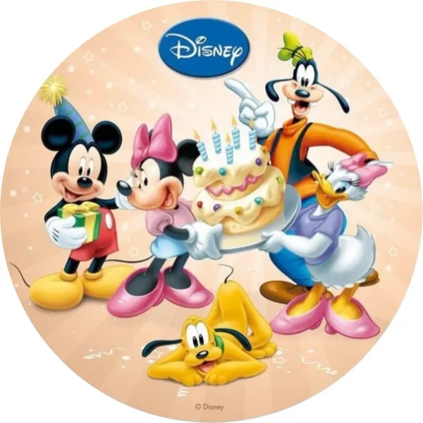 Kulatý jedlý obrázek na dort – Mickey a Minnie, celá parta s dortem a dárkem (žlutá, modrá, červená)