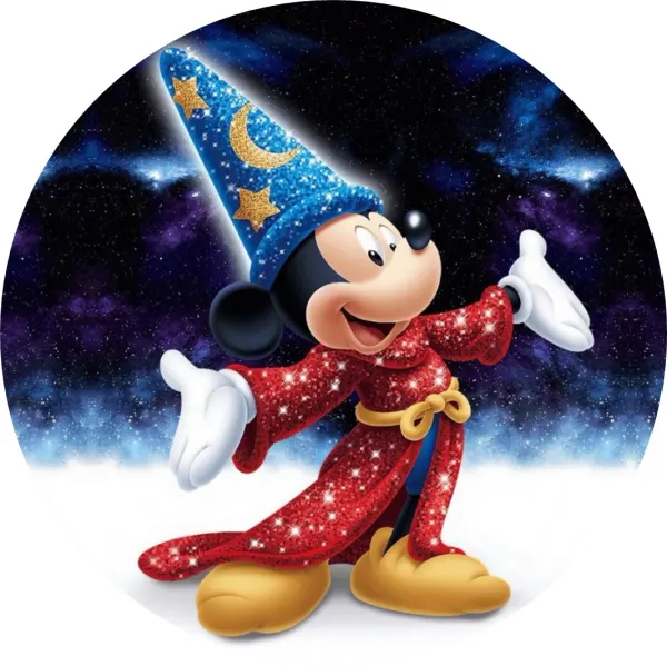 Kulatý jedlý obrázek na dort – Mickey Mouse, čaroděj Fantazie pod hvězdami (modrá, červená, žlutá)