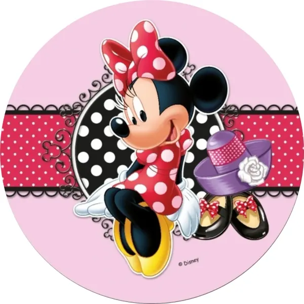 Kulatý jedlý obrázek na dort – Minnie, s fialovým kloboučkem (růžová, červená, černá)