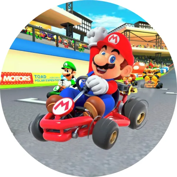 Kulatý jedlý obrázek na dort – Super Mario, motokára (červená, modrá, žlutá)