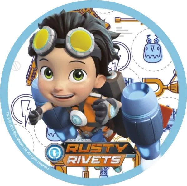 Kulatý jedlý obrázek na dort – Rusty Nýtek, letící s raketovým batohem (modrá, bílá, žlutá)