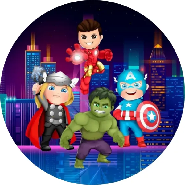 Kulatý jedlý obrázek na dort – Avengers, kreslená čtyřka a fialové město (modrá, červená, zelená)