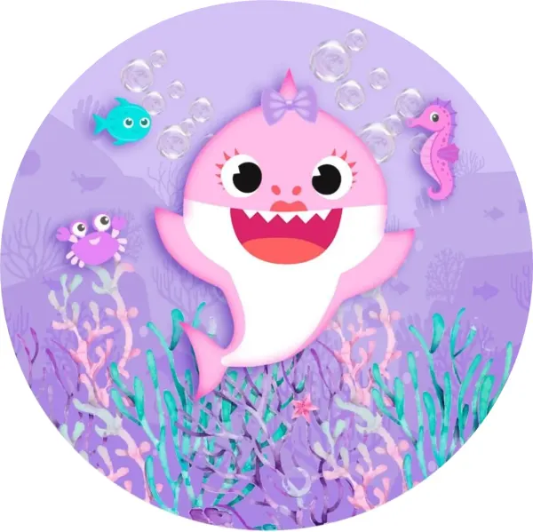 Kulatý jedlý obrázek na dort – Baby Shark, růžová žraločí slečna s mašlí (růžová, fialová, tyrkysová)