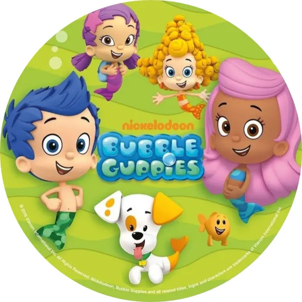Kulatý jedlý obrázek na dort – Bubble Guppies, kamarádi a zelené pozadí (zelená, modrá, růžová)