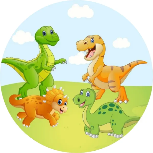Kulatý jedlý obrázek na dort – Dinosauři, čtyři kamarádi na palouku (zelená, žlutá, modrá)