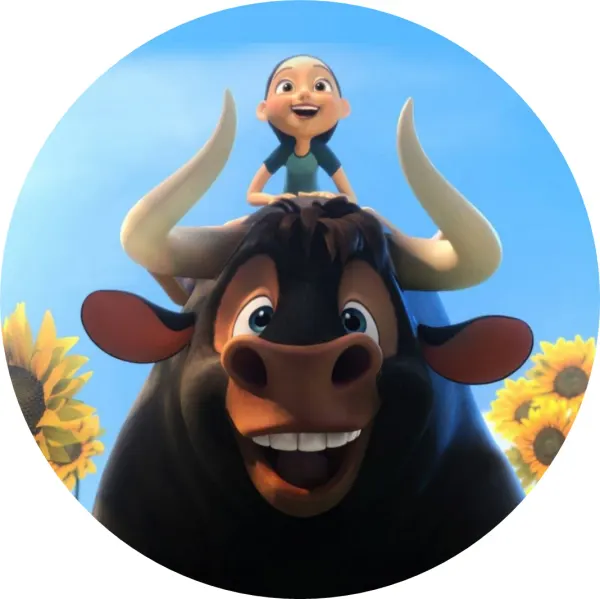Kulatý jedlý obrázek na dort – Býk Ferdinand (modrá, černá, žlutá)