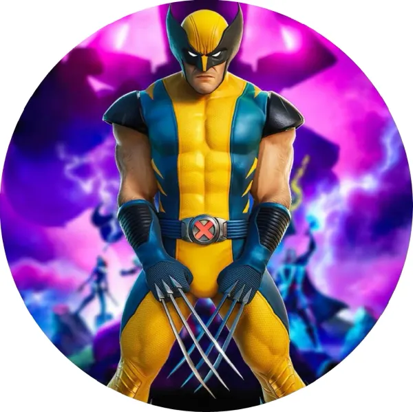 Kulatý jedlý obrázek na dort – Fortnite, Wolverine s drápy a blesky (žlutá, modrá, fialová)