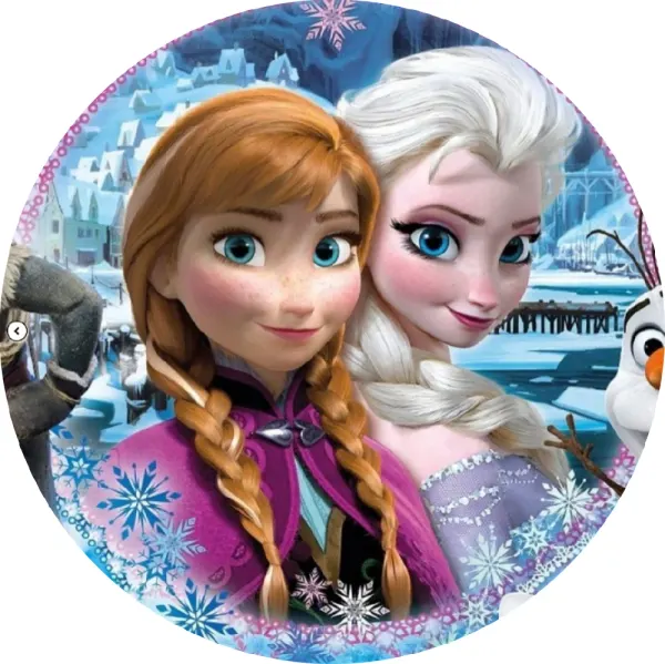 Kulatý jedlý obrázek na dort – Frozen, sestry s Olafem před hradem Arendelle (modrá, fialová, bílá)