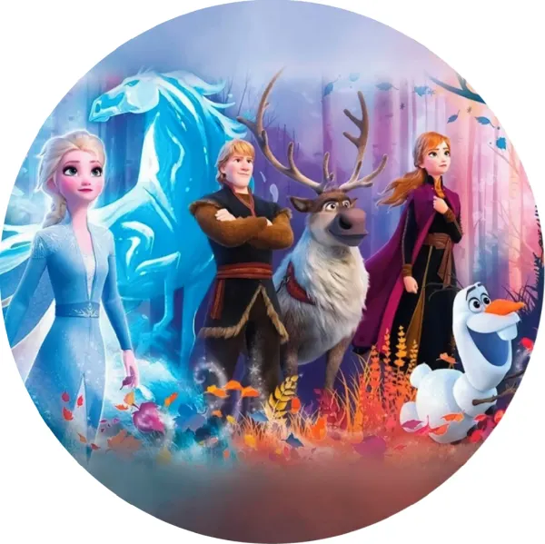 Kulatý jedlý obrázek na dort – Frozen, celá parta s vodním koněm v lese (modrá, fialová, bílá)