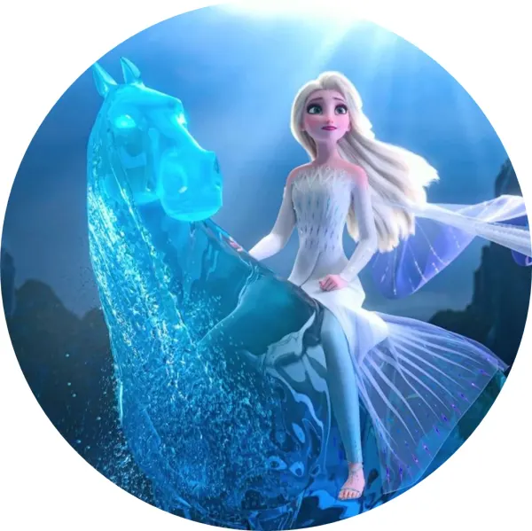 Kulatý jedlý obrázek na dort – Frozen, Elsa jedoucí na vodním koni (modrá, bílá, tyrkysová)