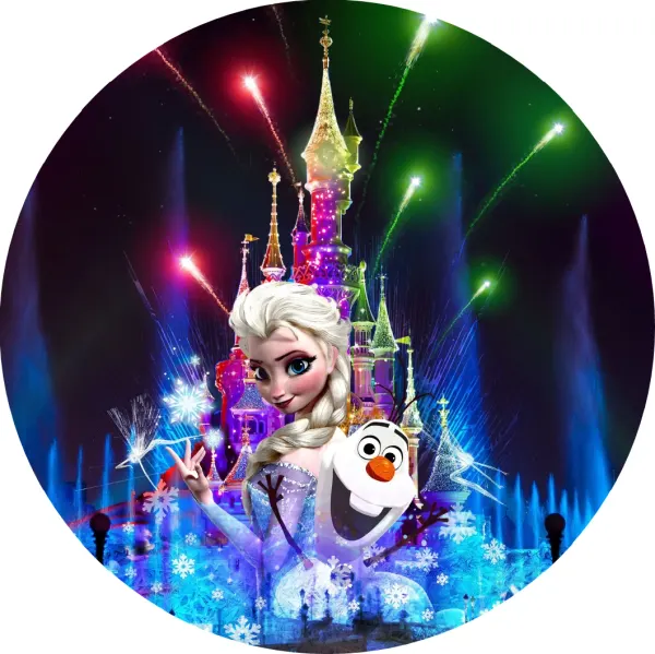 Kulatý jedlý obrázek na dort – Frozen, Elsa a Olaf s ohňostrojem nad zámkem (modrá, fialová, bílá)