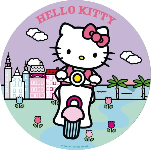 Kulatý jedlý obrázek na dort – Hello Kitty, na skútru ve městě (růžová, fialová, bílá)