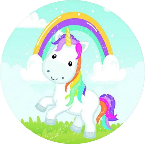 Kulatý jedlý obrázek na dort – Jednorožec, Unicorn: Poník na trávě s duhou (duhová, tyrkysová, bílá)