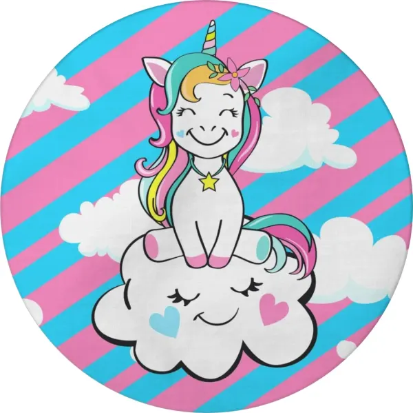Kulatý jedlý obrázek na dort – Jednorožec, Unicorn: Sedící na spícím obláčku (růžová, tyrkysová, bílá)