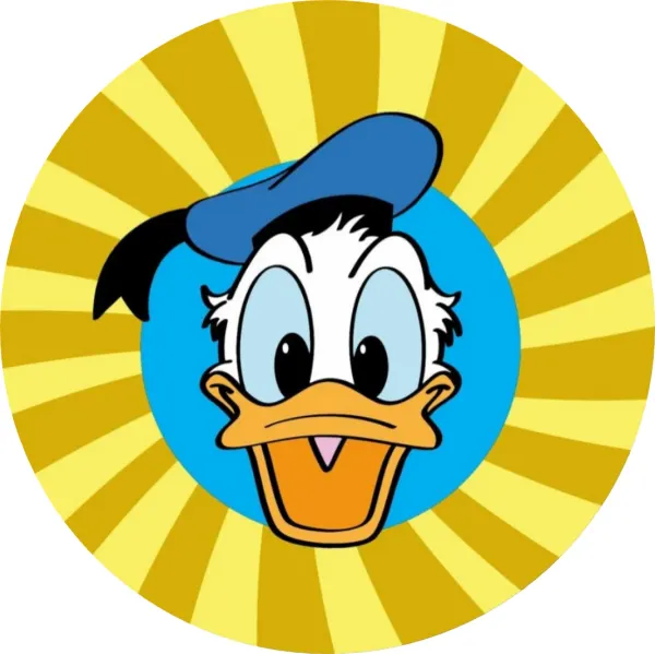 Kulatý jedlý obrázek na dort – Kačer Donald, hlava a žluté paprsky (žlutá, modrá, bílá)