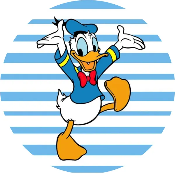 Kulatý jedlý obrázek na dort – Kačer Donald, veselý na pruhovaném pozadí (modrá, bílá, žlutá)