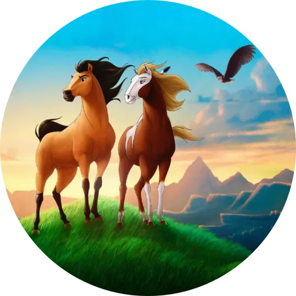 Kulatý jedlý obrázek na dort – Kůň, Spirit (modrá, hnědá, zelená)