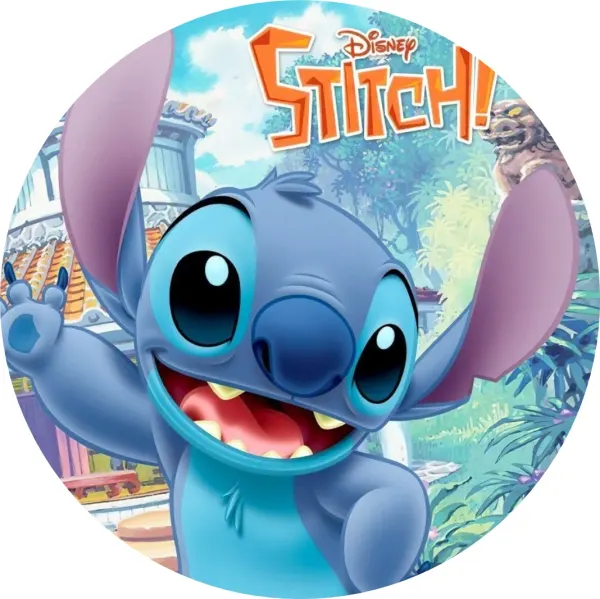 Kulatý jedlý obrázek na dort – Lilo a Stitch, mávající Stitch s nápisem (modrá, zelená, tyrkysová)
