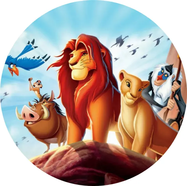 Kulatý jedlý obrázek na dort – Lví král, Simba, Nala a ptáci na modrém nebi (žlutá, červená, modrá)